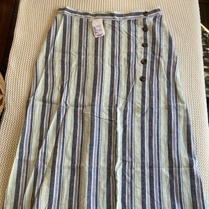 Christopher Banks Striped Blue yellow Side Button Linen Rayon Midi Skirt sz Med
